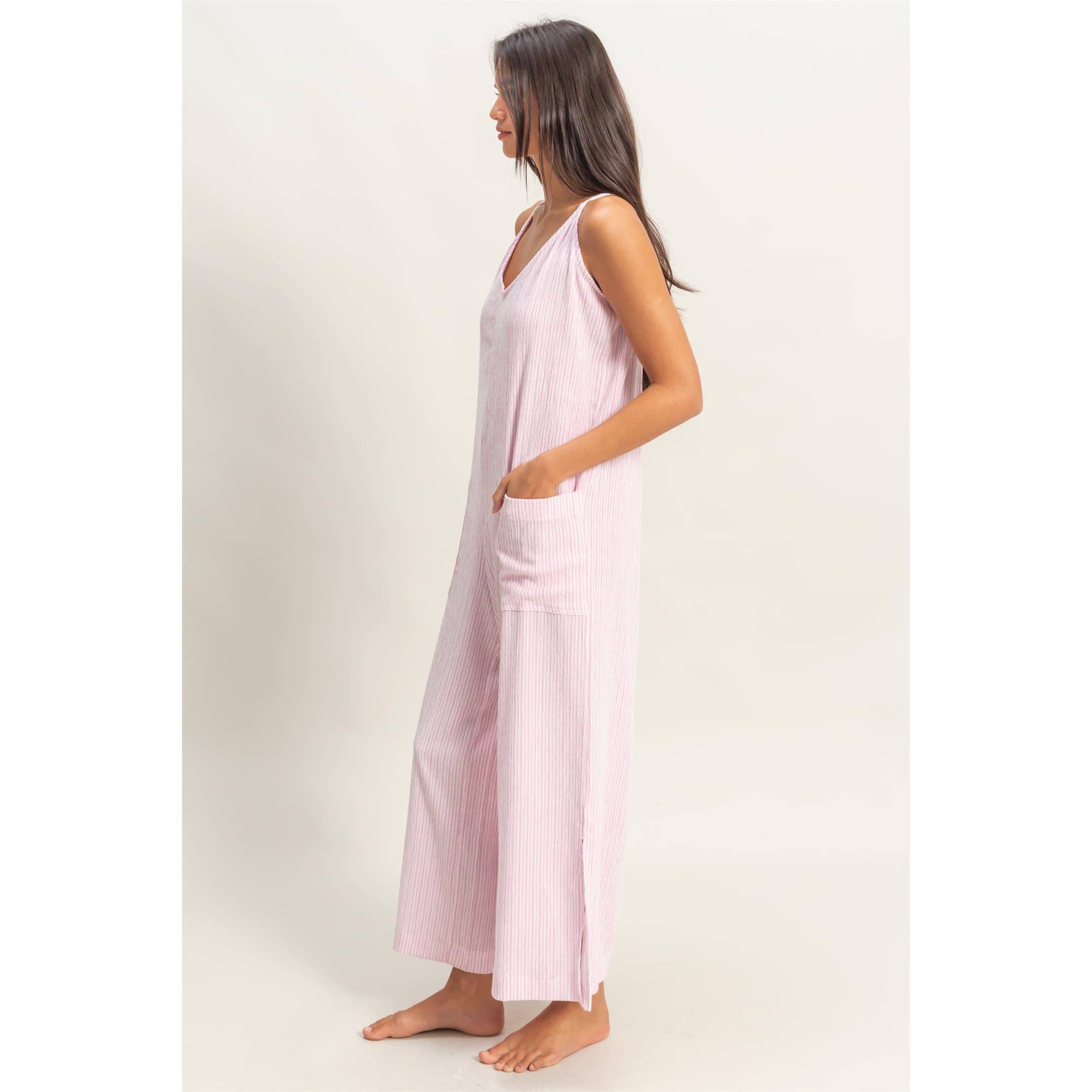Striped V-Neck Sleeveless Jumpsuit | Southern Bliss Boutique & Tanning
