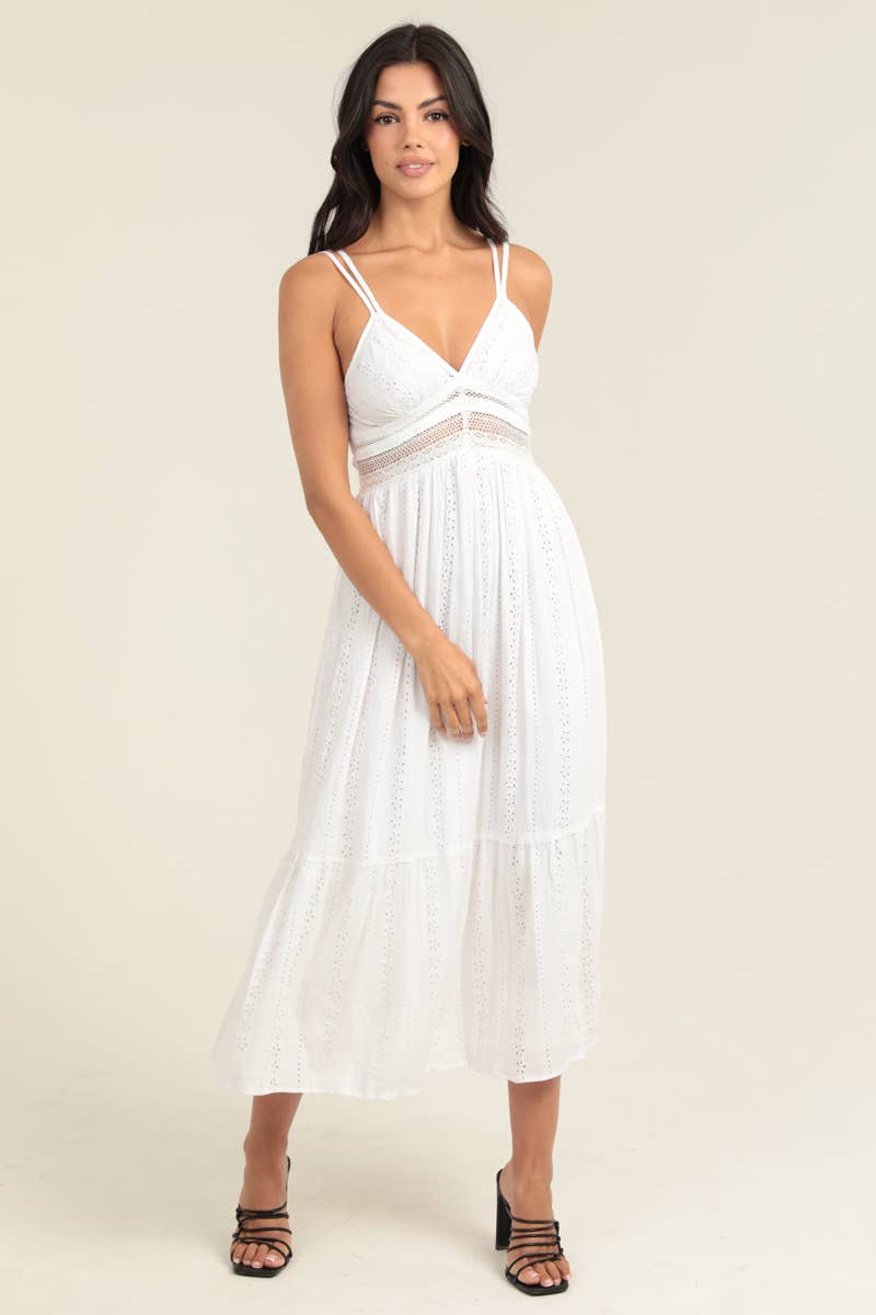 green emerald velvet dress Women's The Space Between Blue Stripe Embroidered Eyelet Maxi Dress | Size: L main image 1